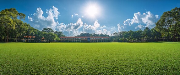 Wall Mural - Expansive green field with clear sky and sunlight behind trees near school building