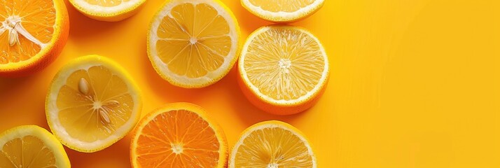 Wall Mural - Vitamin Banner. Juicy Citrous Orange Slice on Vibrant Yellow Background for Fresh Fruit Web Banner