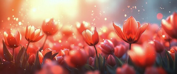 Poster - Vibrant tulip field at sunset showcasing beautiful blooming flowers in warm light