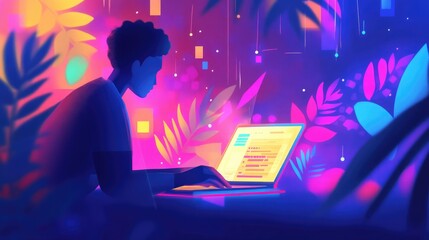 Programmer coding on a laptop with dynamic colorful data visualizations