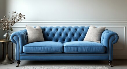 Poster - Elegant blue tufted sofa with plush cushions in a contemporary living room setting