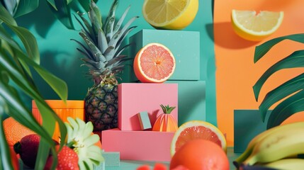 Wall Mural - Colorful fruits and tropical decor on a vibrant background