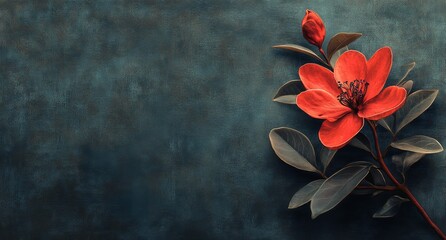 Wall Mural - Stunning red flower with dark green leaves against a textured blue background