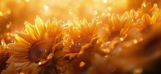 Poster - Sunflower field glowing under sunset with warm light and shimmering particles in the air