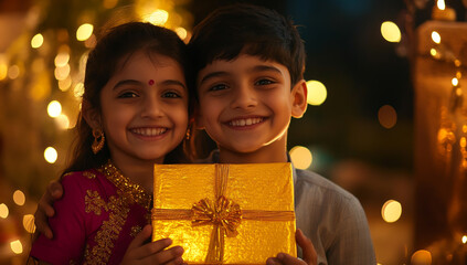 Smiling young boy and girl holding a golden gift box with blurred lights in the background.