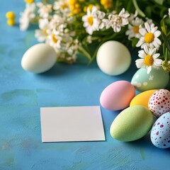 Wall Mural - Colorful Easter eggs arranged with flowers on a blue background for festive celebration