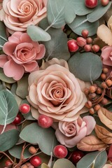 Wall Mural - Delicate pink roses surrounded by lush green leaves and red berries in a natural arrangement