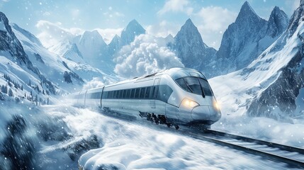 Wall Mural - A high-speed train speeding through a snowy mountain pass, with snow-covered peaks and swirling snowflakes creating a dramatic backdrop