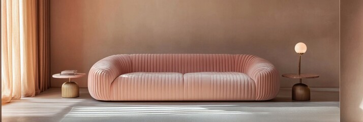 Poster - Soft pink sofa in a minimalistic living room with elegant lighting and soft textures