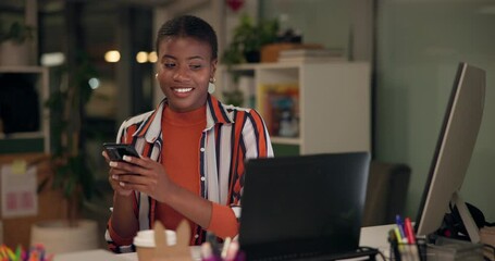 Poster - Working, office and phone text at night with laptop and online research for news story. Social media, smile and digital newspaper deadline with app scroll and break of black female professional