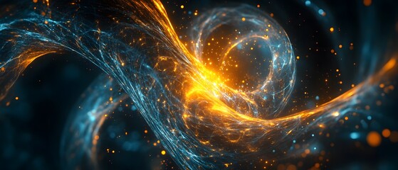 Poster - Dynamic Abstract Swirling Colors of Orange and Blue Light with Glowing Particles Creating a Futuristic and Ethereal Background for Creative Projects