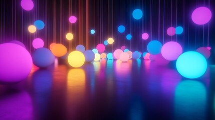 Poster - Vibrant and Ethereal Scene of Floating Colorful Spheres in a Dark Space with Illuminated Lines Creating a Dreamlike Atmosphere of Light and Color