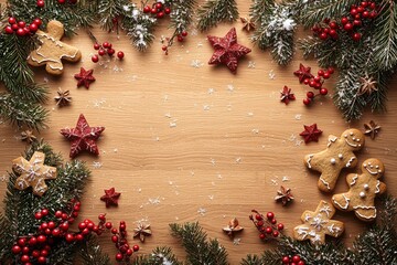 Wall Mural - Festive Christmas background with gingerbread and pine decoration