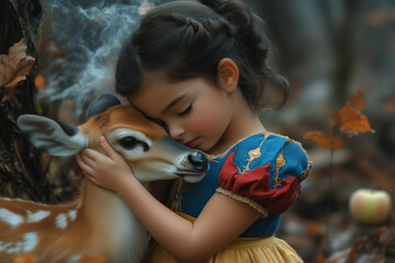 A cute little girl wearing a Snow White dress cuddling with deer in a fairytale forest. Horizontal wallpaper.