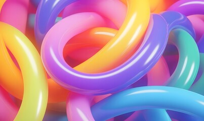 Abstract, multi-colored, intertwined, glossy, ring shapes.