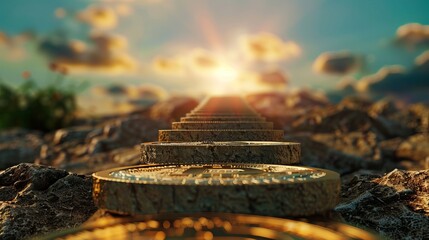 A path of shimmering gold coins leading into a radiant sunset, symbolizing prosperity and opportunity.