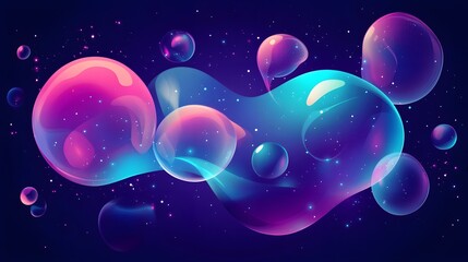 Poster - Colorful Abstract Graphic of Bubbles and Fluid Shapes with Sparkling Stars Against a Dark Background for Creative and Artistic Projects