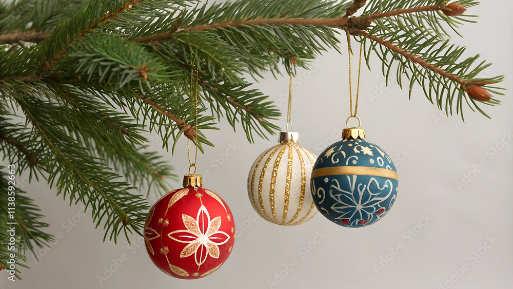 Christmas tree ornaments and pine branch on neutral background