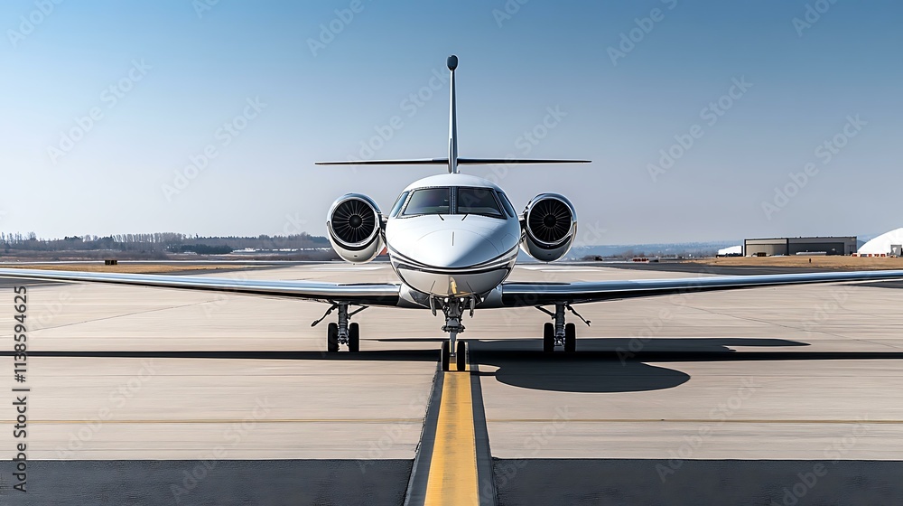 Passenger jet photographed from the front on a runway with a simple and ...