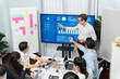 © InfiniteFlow - Presentation in office or meeting room with analyst team utilizing BI Fintech to analyze financial data. Businesspeople analyzing BI dashboard power display on TV screen for strategic planning.Prudent