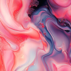 Poster - An abstract composition in muted pinks, blues and reds where flowing lines create layers that intertwine. Bubbles and smooth transitions between shades add depth and a sense of fluid, swirling liquids