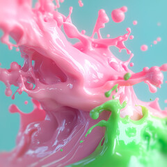 Poster - A rich splash of pink and green liquids with smooth, glossy surfaces. The splashing adds movement and the light blue background emphasizes the playfulness of the scene