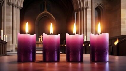 Four lit purple candles in a church setting, symbolizing Advent season, religious tradition, Christmas preparation, Christian worship, and spiritual contemplation