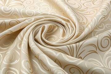 Poster - A close-up view of elegant, swirling cream fabric with intricate patterns, ideal for upholstery or fashion design.