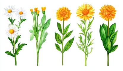 Handcrafted watercolor illustrations of yellow flowers set against a white background, perfect for design purposes and invitations.