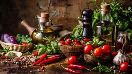 Canvas Print - Rustic kitchen setup with fresh tomatoes, herbs, and oils