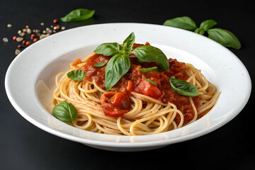 A plate of spaghetti topped with tomato sauce and fresh basil leaves, presented elegantly against a dark background.