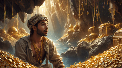 Aladdin in the cave, where there is a lot of gold, the fairy tale is the magic lamp of Aladdin.