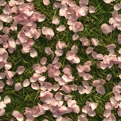 Canvas Print - Photo of grass with fallen cherry blossom petals, seamless texture, soft pink accents