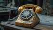 © MUMTAZ - Dusty yellow vintage rotary phone on wooden table.