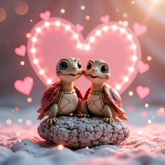 Canvas Print - Adorable turtle companions surrounded by a heartwarming glow and playful hearts, 3d rendering of cute character design concept.