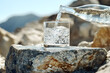 © Concept Photo Studio - Bouteille versant de l 'eau dans un verre posé sur un rocher en extérieur