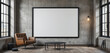 © VIJAY - 'An empty frame poster mockup in a modern industrial loft living room, featuring a large black metal frame against a raw concrete wall.