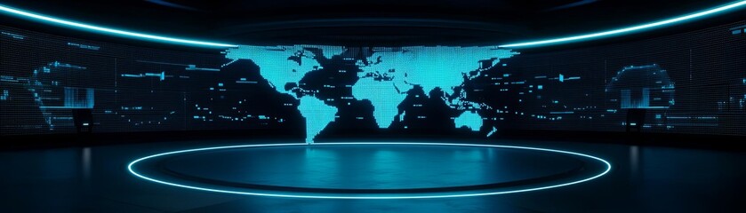 Futuristic digital background with glowing world map and modern interface design.