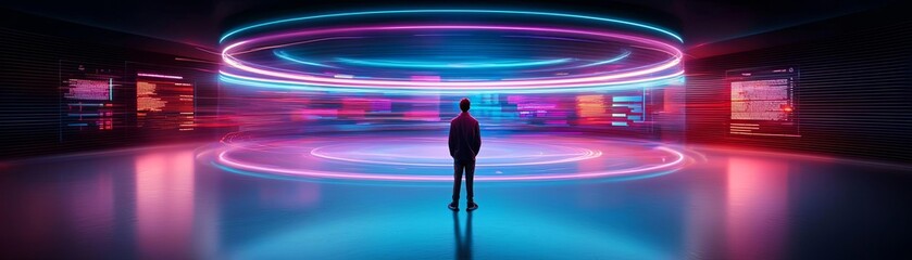A lone figure stands in a futuristic, illuminated environment with vibrant colors.