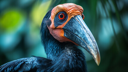 Bird with a black beak and orange feathers. The bird is looking at the camera. The bird is in a green forest