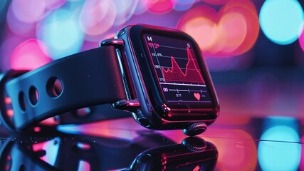 Fototapete - This smartwatch displays heart rate data with vibrant lights, highlighting health tracking.