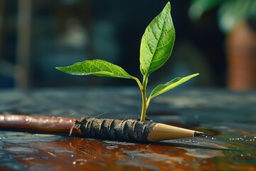 Wall Mural - A green plant sprouts from the tip of a brown pencil, symbolizing growth and creativity. The vibrant leaves shine in soft natural light, conveying hope.