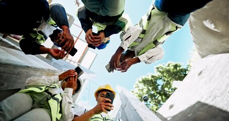 Aufkleber - Phone, engineer team and people planning construction project, infrastructure development or site maintenance. Architect, mobile or group work by building in collaboration or discussion below outdoor
