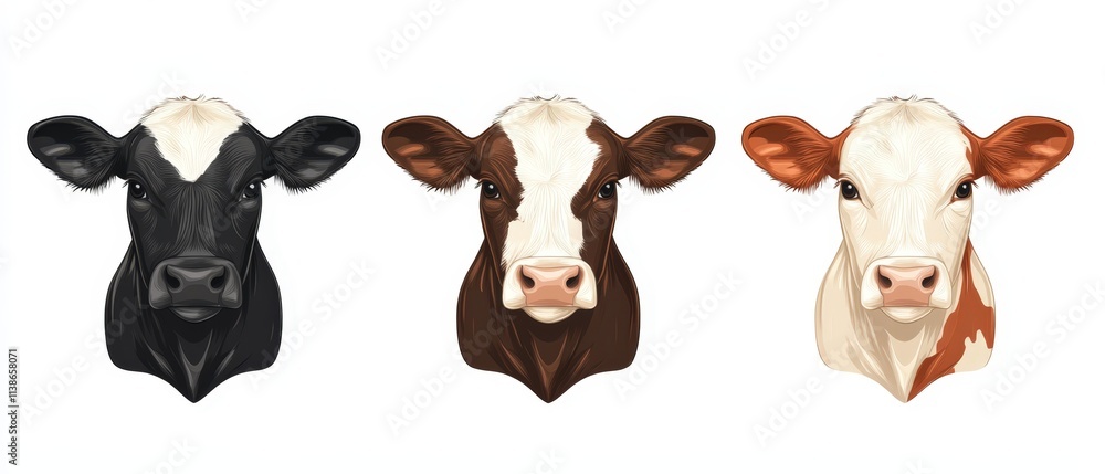 Стоковая иллюстрация «Three illustrations of cow heads in frontal view ...
