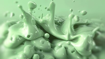 Aufkleber - Animated abstract flow of green viscous liquid with smooth texture. Realistic drops add movement, emphasizing the lightness and expressiveness of the composition
