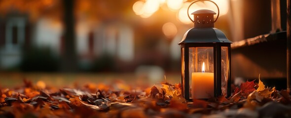 Poster - Lit candle in lantern surrounded by autumn leaves, warm light at dusk.