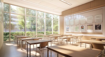 Poster - Empty classroom with desks, chairs, bright windows, posters.