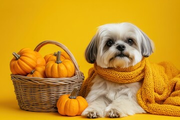 Sticker - Small dog with scarf, pumpkins in a basket on a yellow backdrop.