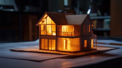 Poster - Illuminated wooden house model on blueprints in dim room.