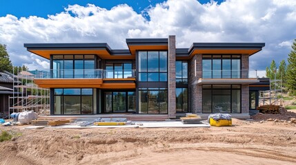 Poster - Modern house under construction, blue sky and white clouds above.